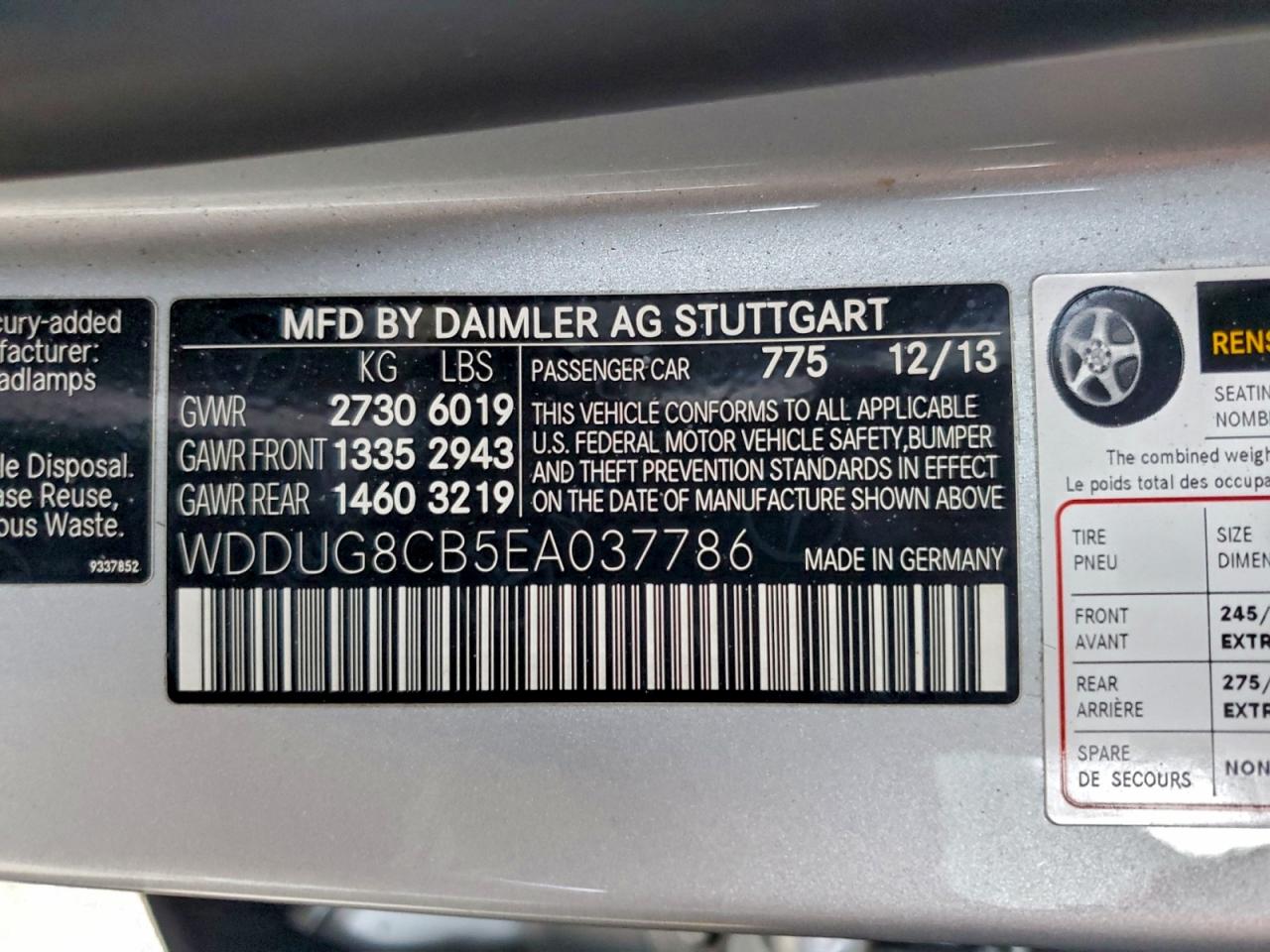 2014 Mercedes-Benz S 550 VIN: WDDUG8CB5EA037786 Lot: 93902775