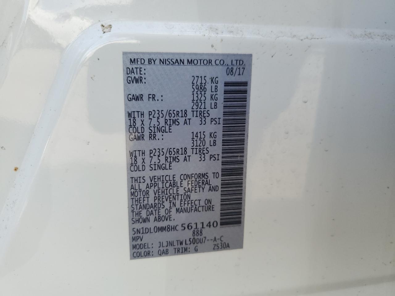 2017 Infiniti Qx60 VIN: 5N1DL0MM8HC561140 Lot: 92847655