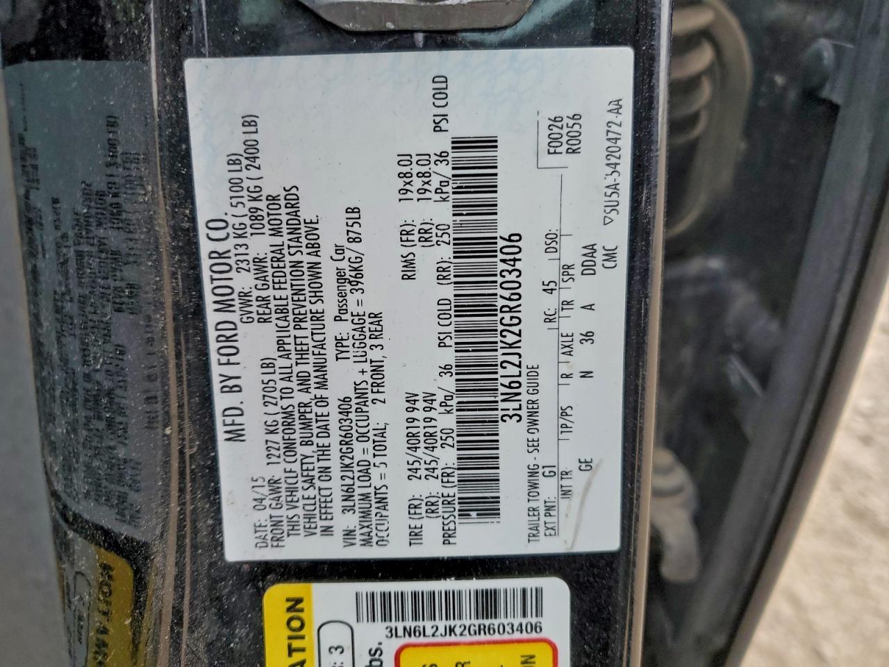 2016 Lincoln Mkz VIN: 3LN6L2JK2GR603406 Lot: 94306895