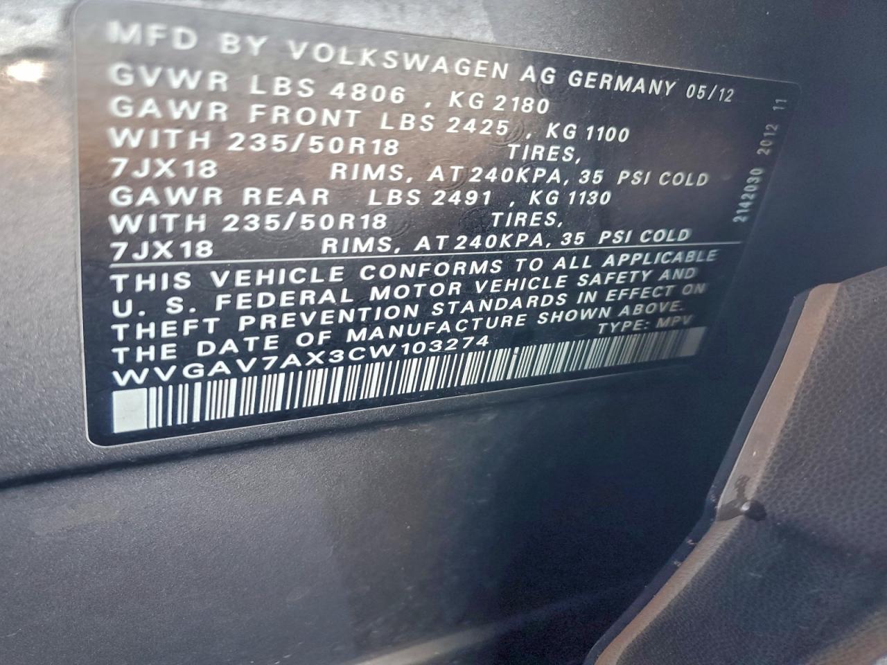 2012 Volkswagen Tiguan S VIN: WVGAV7AX3CW103274 Lot: 93925005