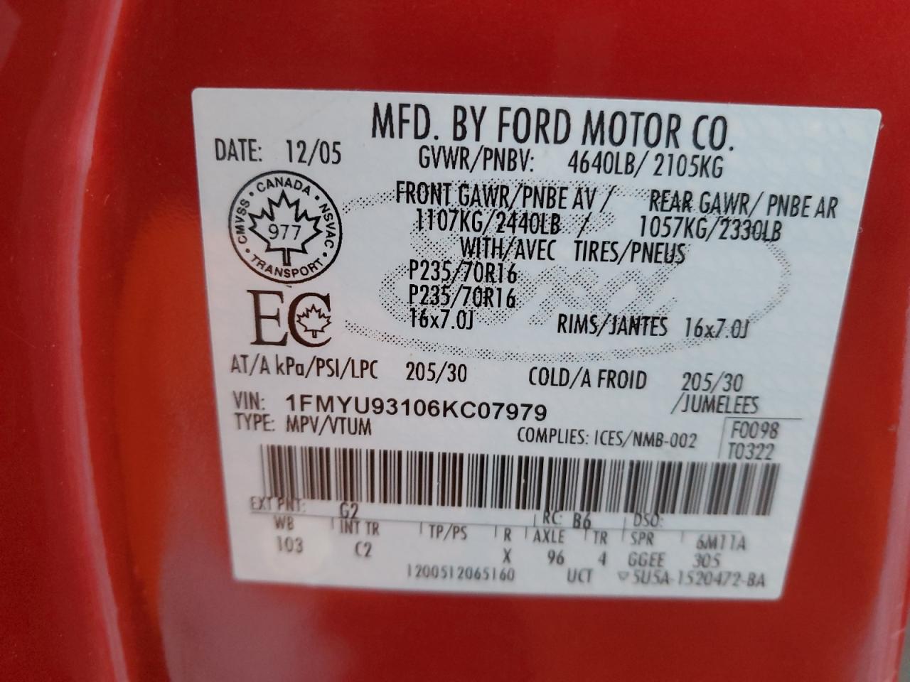 2006 Ford Escape Xlt VIN: 1FMYU93106KC07979 Lot: 93173805