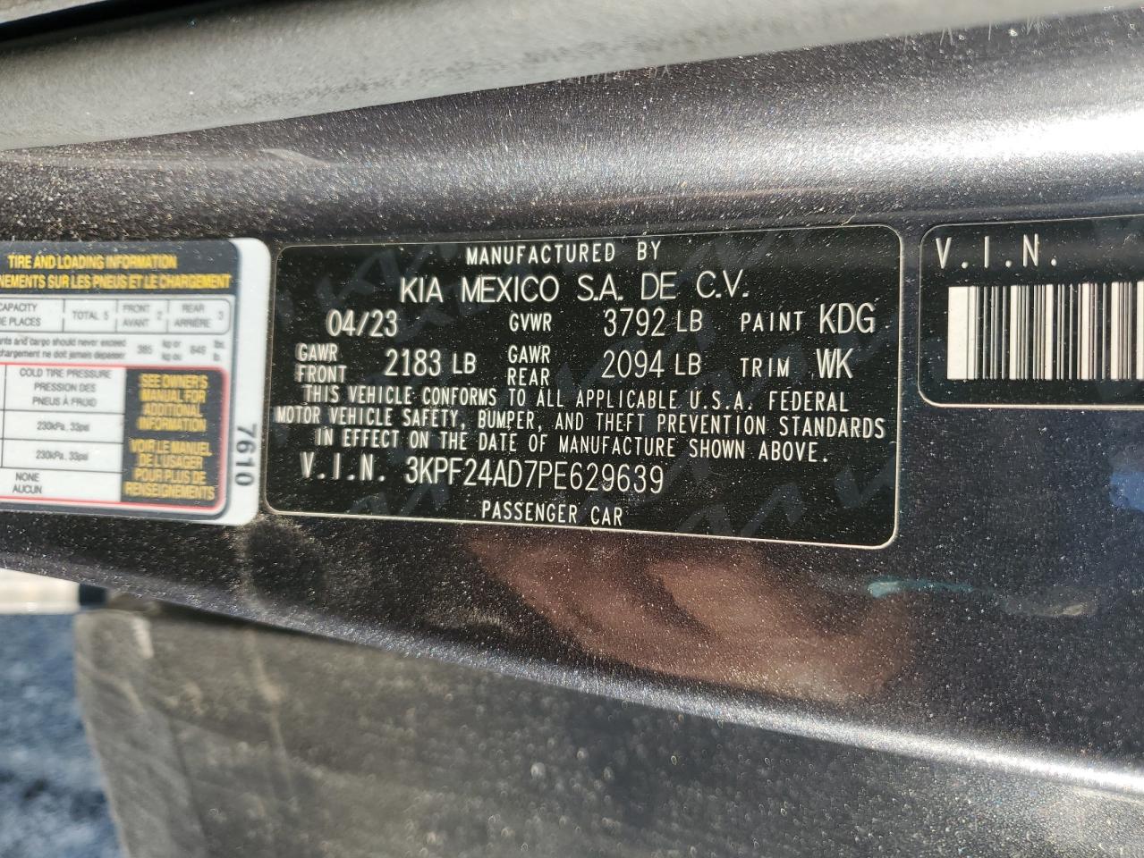 2023 Kia Forte Lx VIN: 3KPF24AD7PE629639 Lot: 91709305