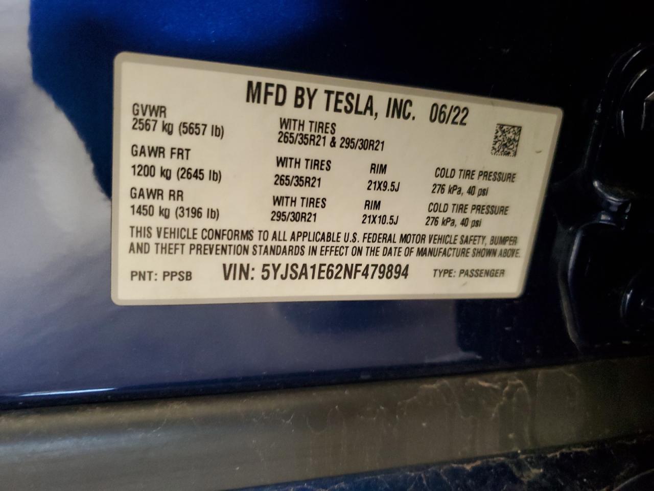 2022 Tesla Model S VIN: 5YJSA1E62NF479894 Lot: 93776145