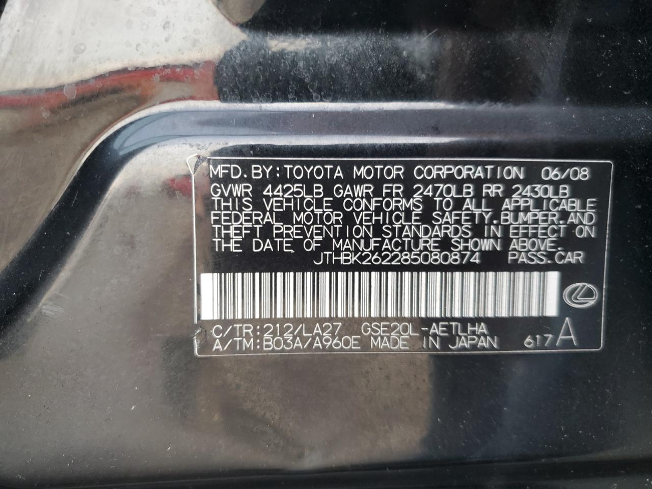 2008 Lexus Is 250 VIN: JTHBK262285080874 Lot: 91852855