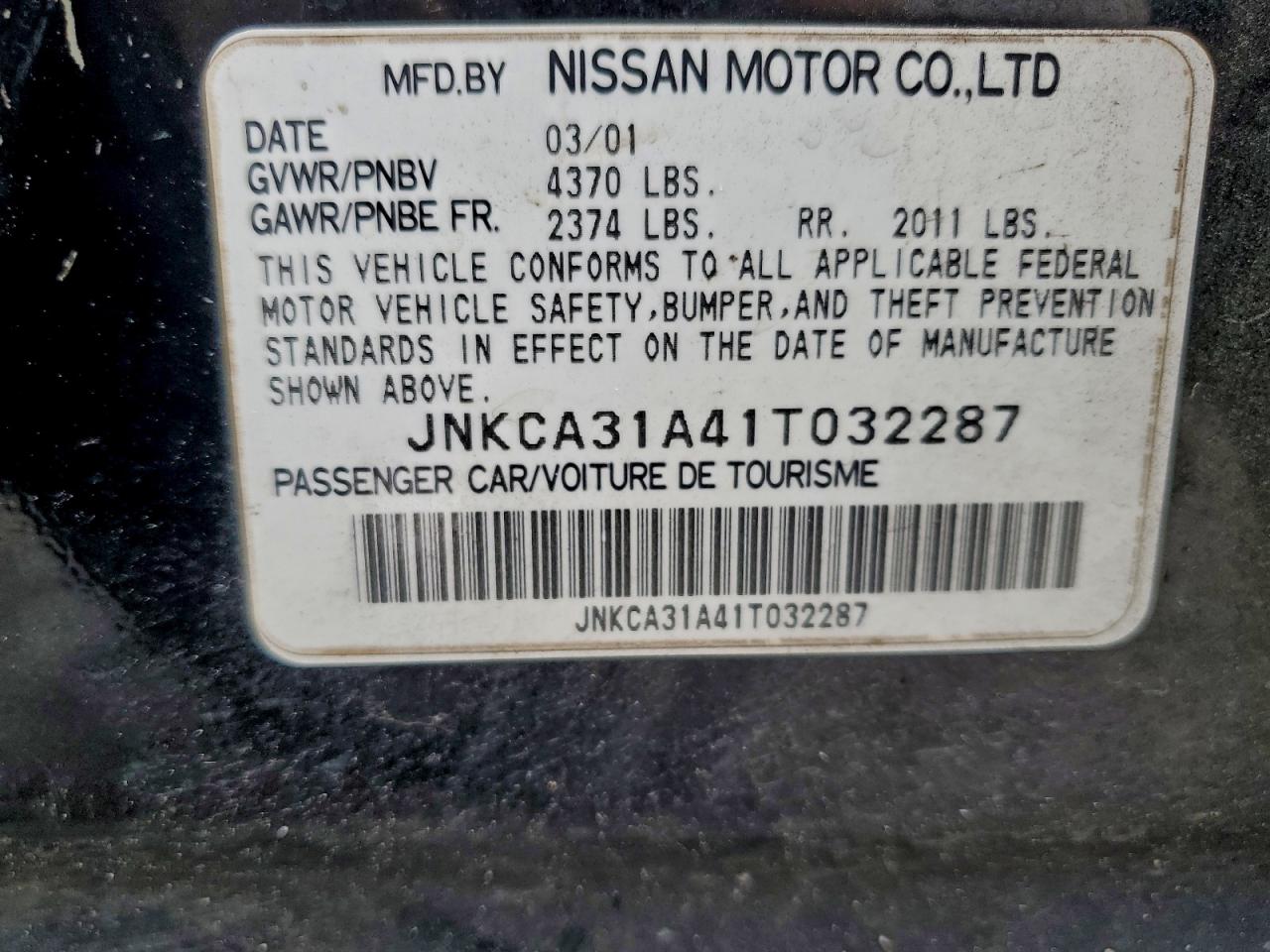 2001 Infiniti I30 VIN: JNKCA31A41T032287 Lot: 93844265