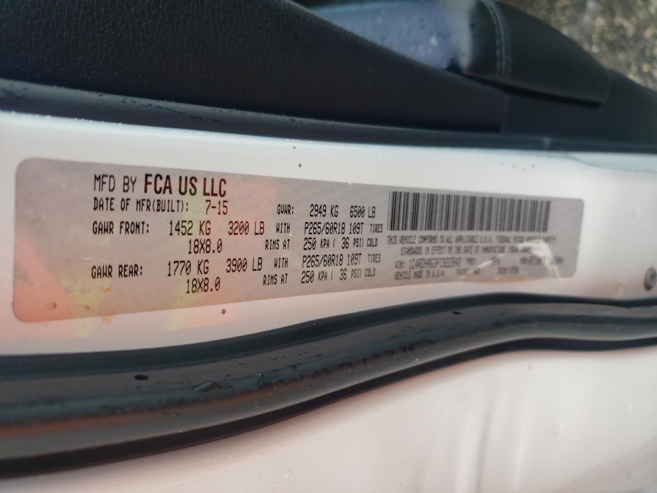 2015 Dodge Durango Sxt VIN: 1C4RDHAG3FC922842 Lot: 91091435