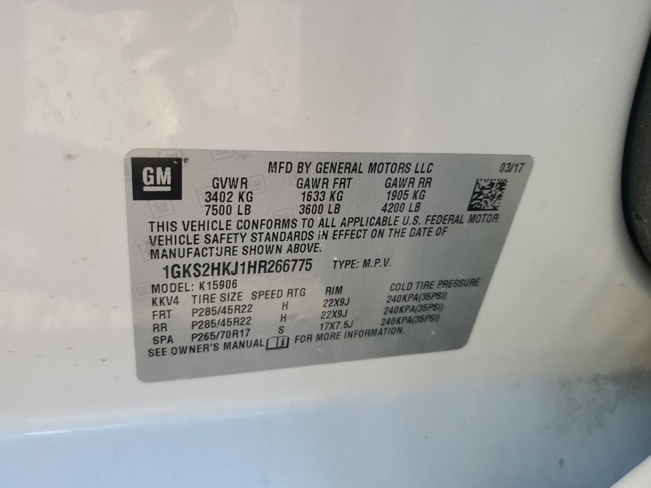 2017 GMC Yukon Xl Denali VIN: 1GKS2HKJ1HR266775 Lot: 90705805
