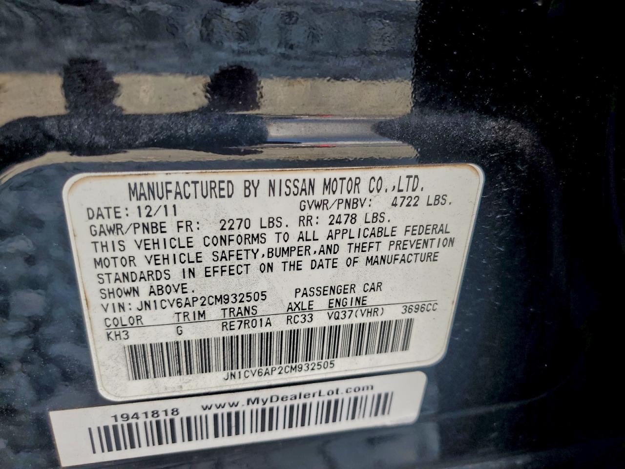 2012 Infiniti G37 Base VIN: JN1CV6AP2CM932505 Lot: 94266005