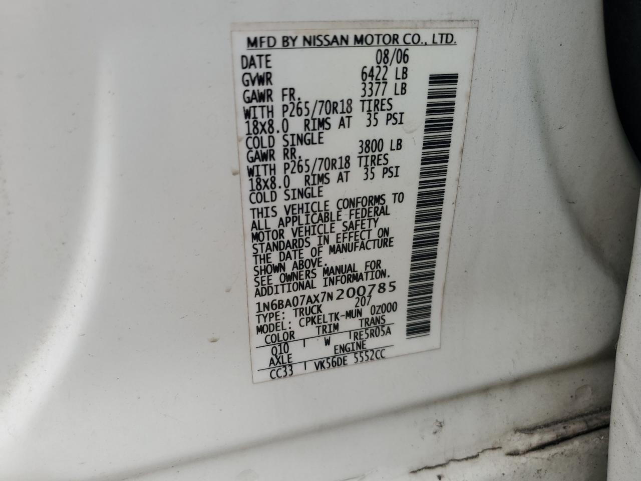 2007 Nissan Titan Xe VIN: 1N6BA07AX7N200785 Lot: 92794595