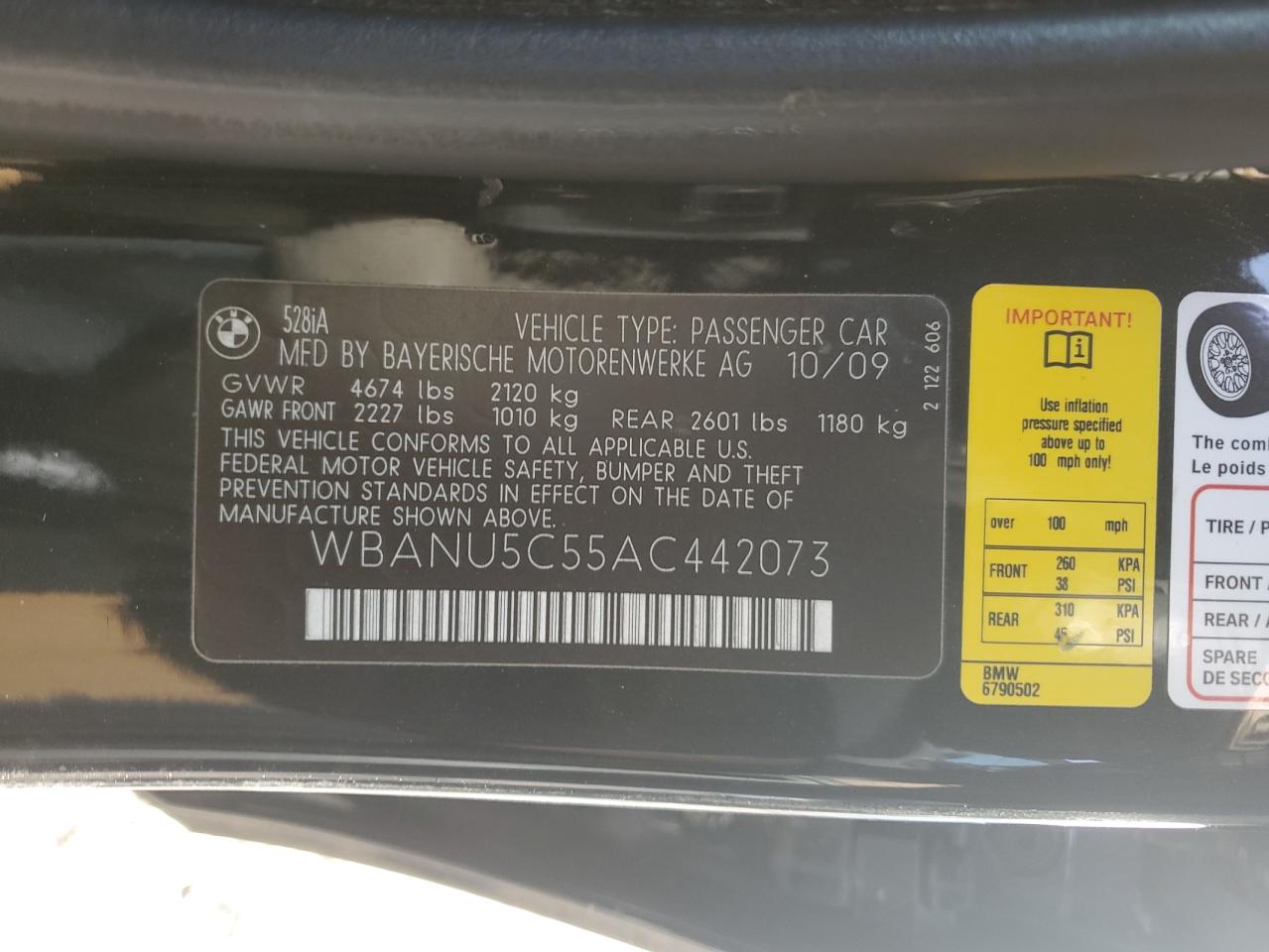 2010 BMW 528 I VIN: WBANU5C55AC442073 Lot: 91797595