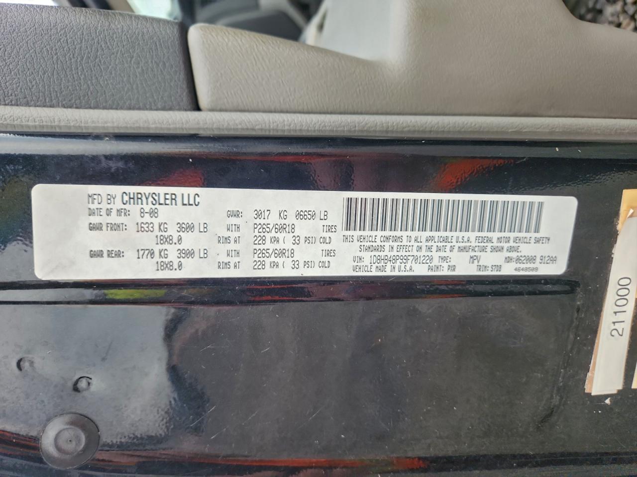 2009 Dodge Durango Slt VIN: 1D8HB48P99F701220 Lot: 93210305