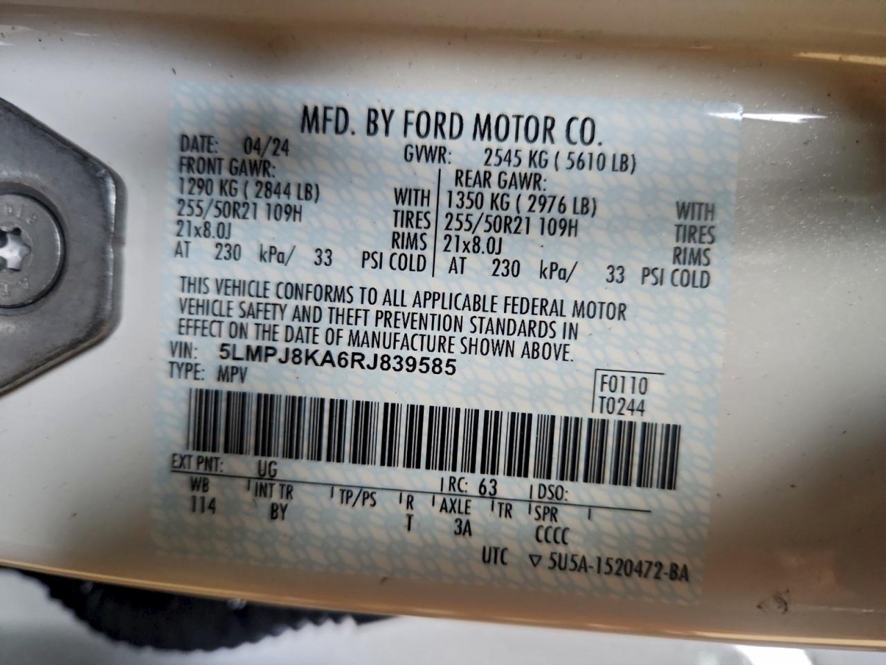 2024 Lincoln Nautilus Reserve VIN: 5LMPJ8KA6RJ839585 Lot: 92534845