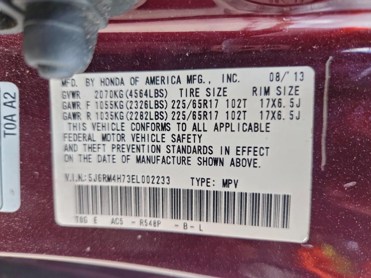 2014 Honda Cr-V Exl VIN: 5J6RM4H73EL002233 Lot: 93972065