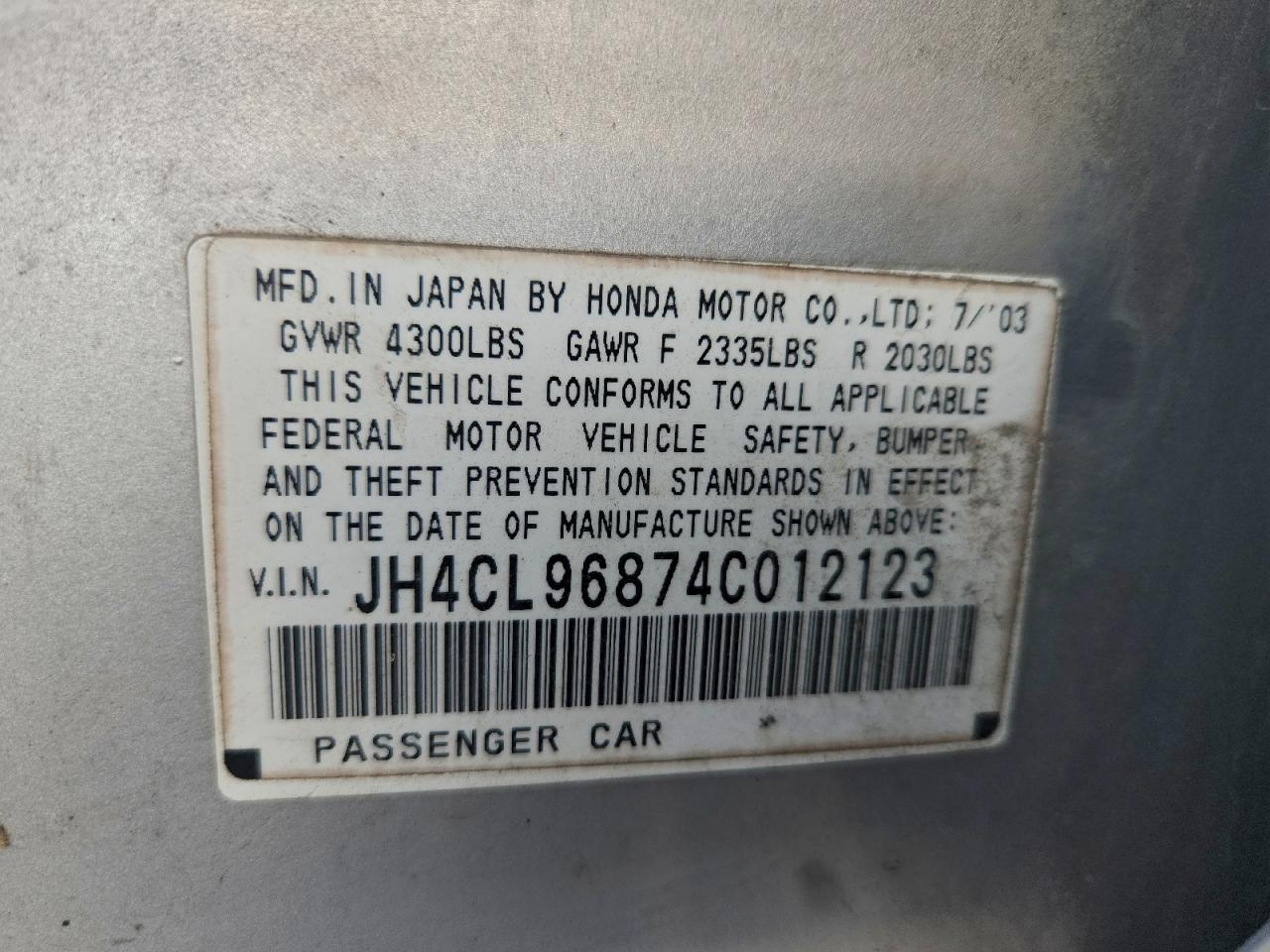 2004 Acura Tsx VIN: JH4CL96874C012123 Lot: 93247435