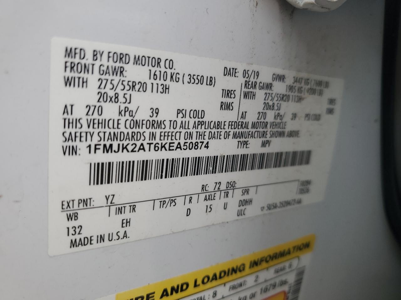 2019 Ford Expedition Max Limited VIN: 1FMJK2AT6KEA50874 Lot: 93710705