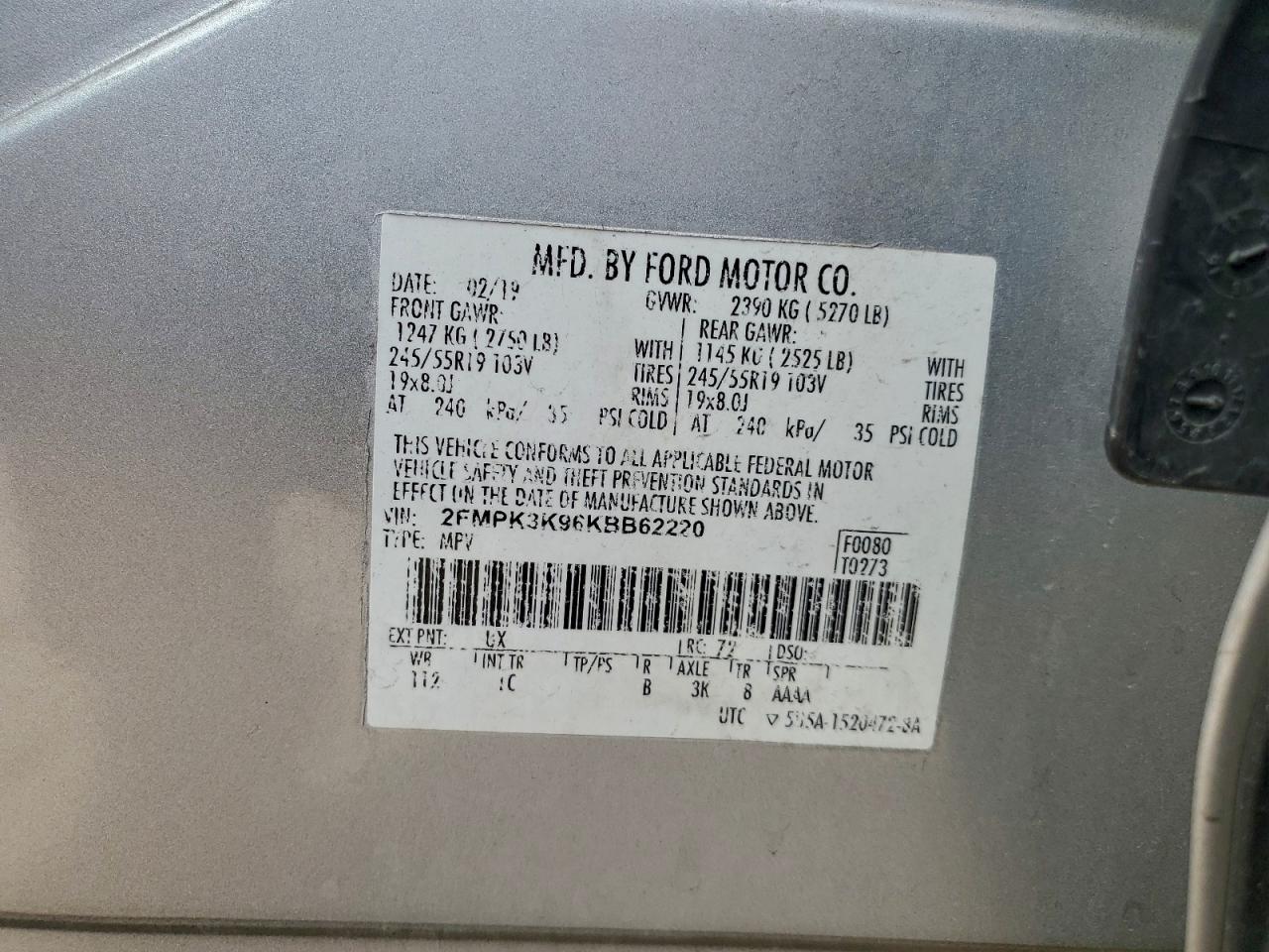 2019 Ford Edge Titanium VIN: 2FMPK3K96KBB62220 Lot: 93753635