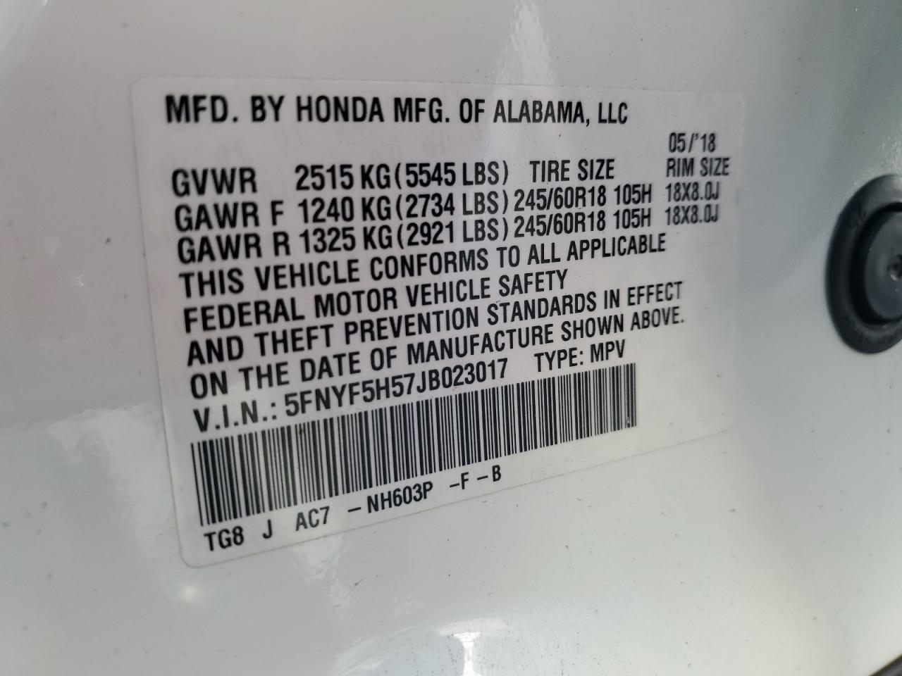 2018 Honda Pilot Exl VIN: 5FNYF5H57JB023017 Lot: 92241285
