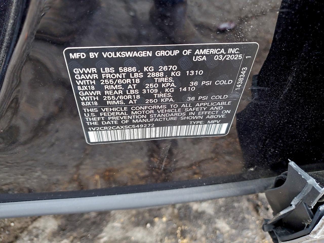 2025 Volkswagen Atlas Peak Edition Se VIN: 1V2CR2CAXSC549272 Lot: 94127915