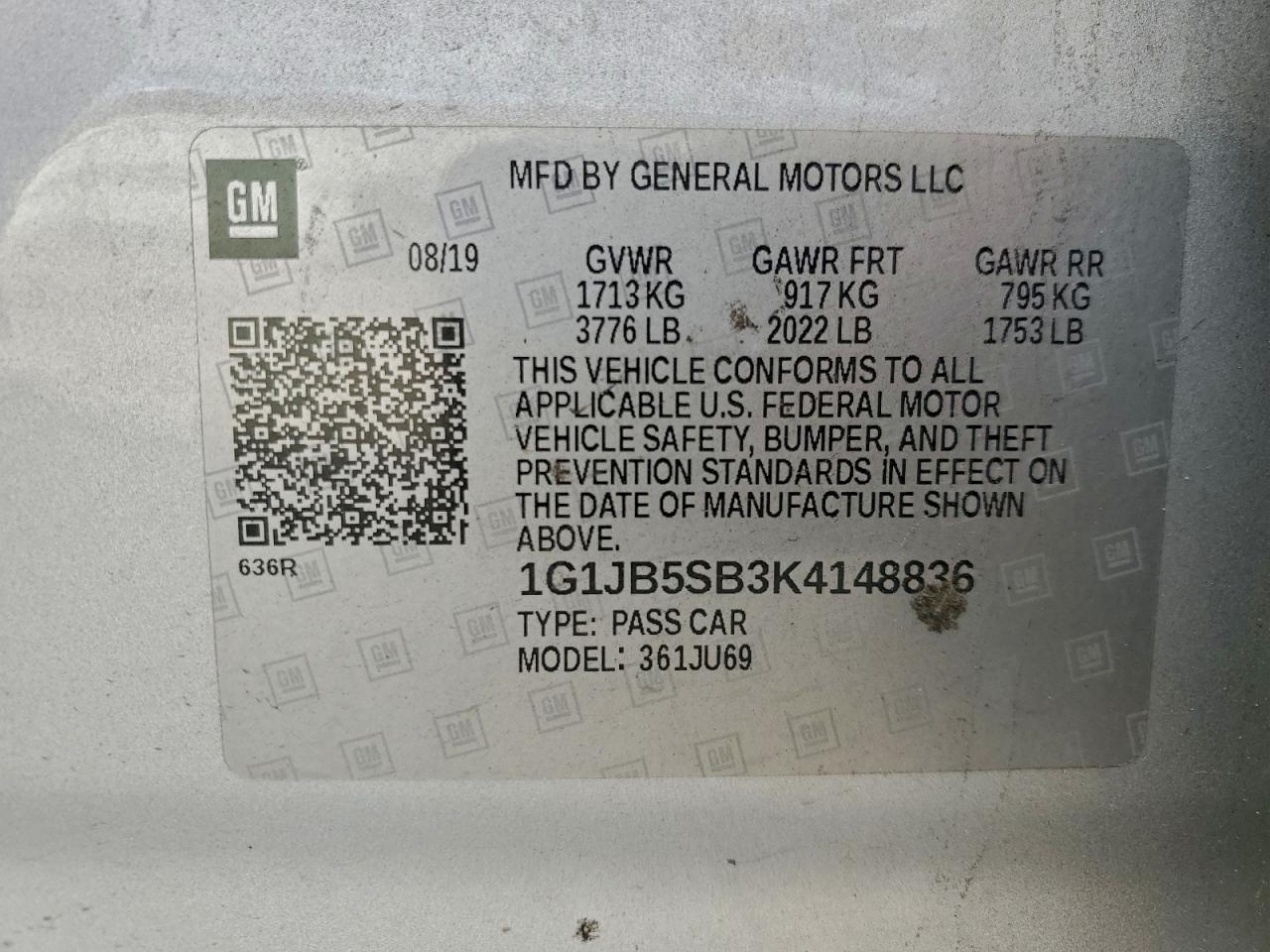 2019 Chevrolet Sonic Ls VIN: 1G1JB5SB3K4148836 Lot: 93519405