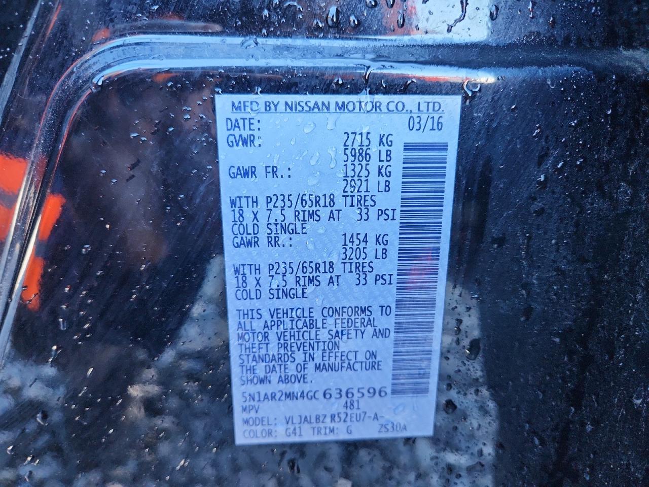 2016 Nissan Pathfinder S VIN: 5N1AR2MN4GC636596 Lot: 90042285