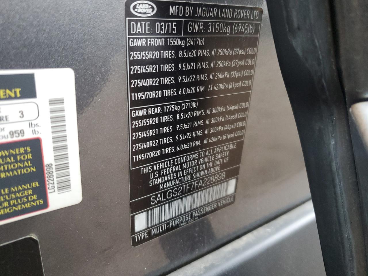 2015 Land Rover Range Rover Supercharged VIN: SALGS2TF7FA228898 Lot: 93520285