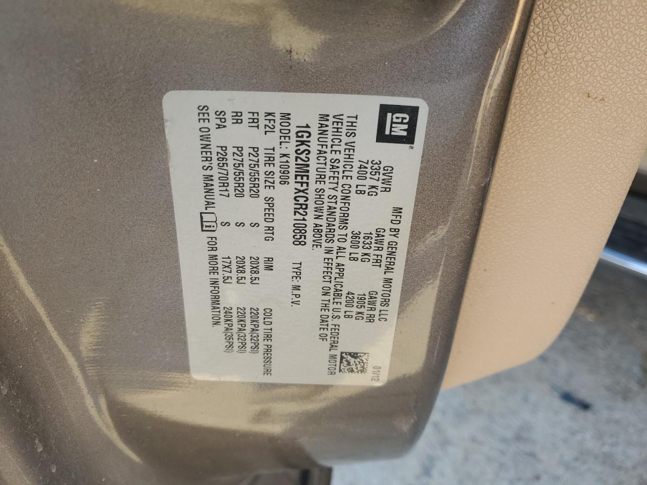 2012 GMC Yukon Xl Denali VIN: 1GKS2MEFXCR210858 Lot: 92236765