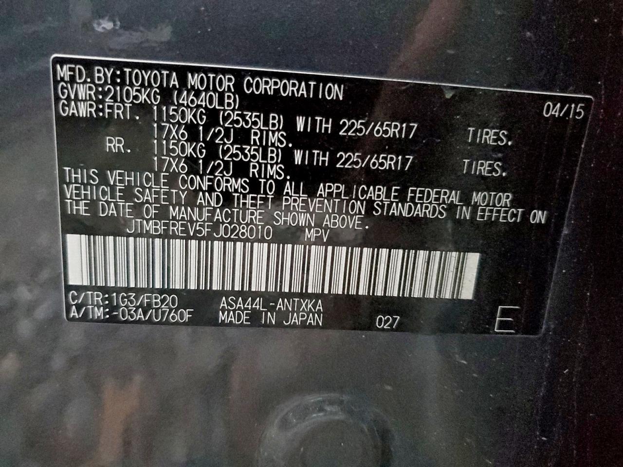 2015 Toyota Rav4 Le VIN: JTMBFREV5FJ028010 Lot: 94272295