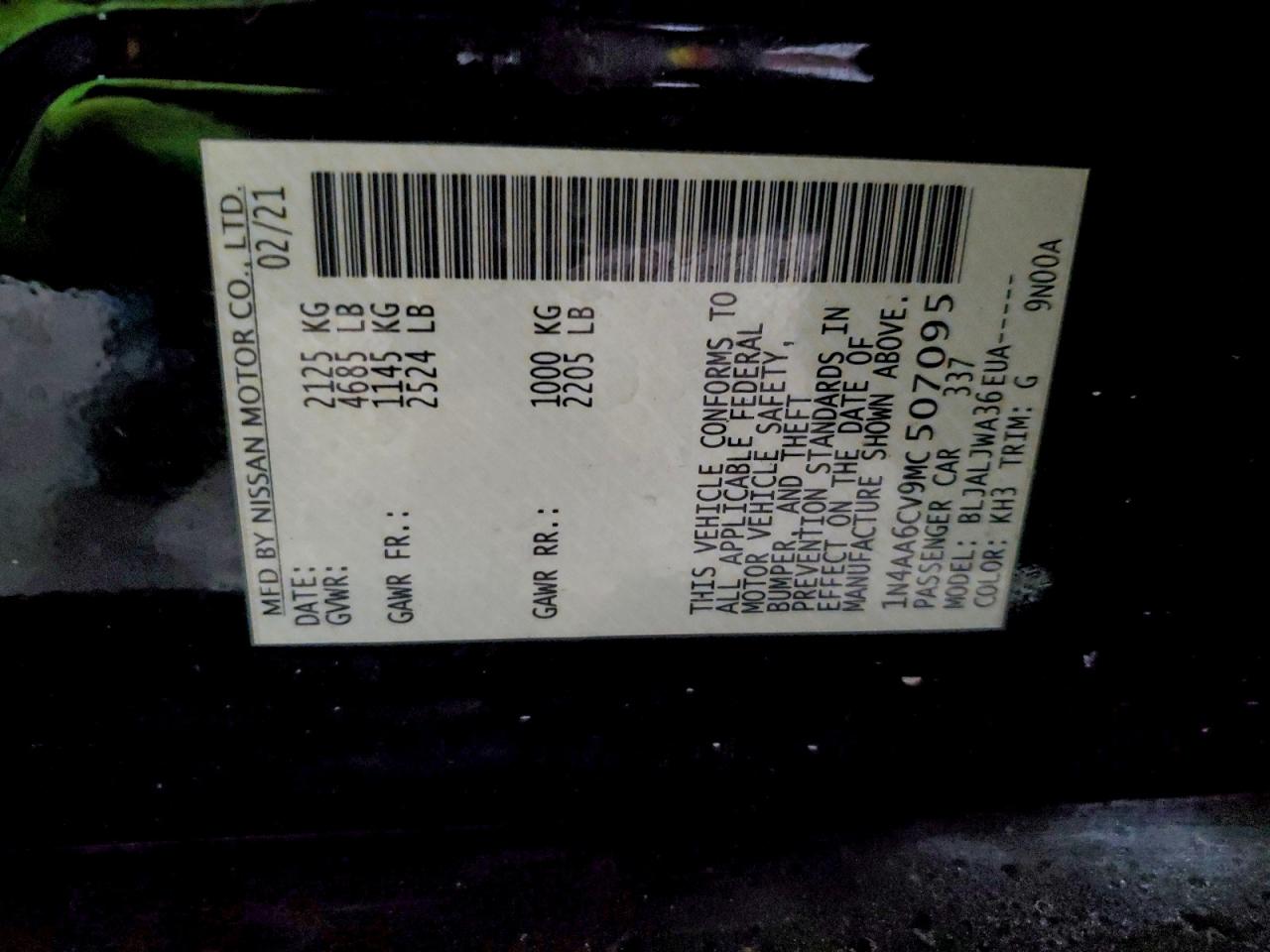 2021 Nissan Maxima Sv VIN: 1N4AA6CV9MC507095 Lot: 94458825