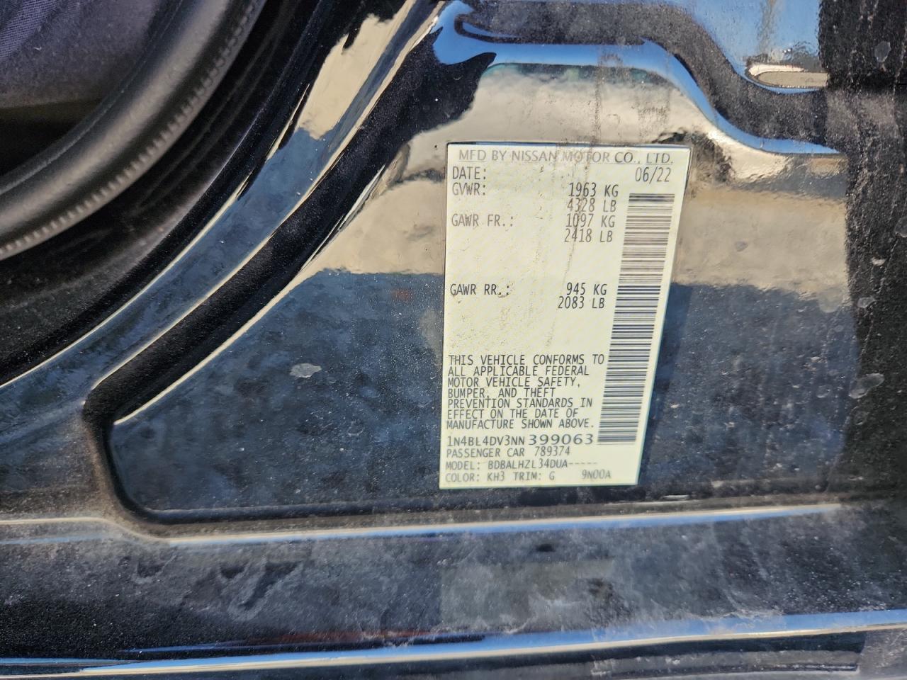 2022 Nissan Altima Sv VIN: 1N4BL4DV3NN399063 Lot: 93113215