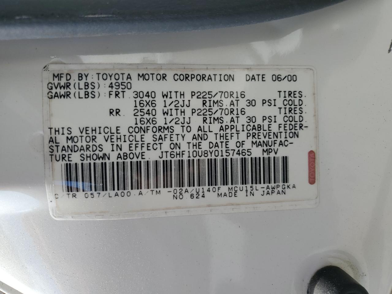 2000 Lexus Rx 300 VIN: JT6HF10U8Y0157465 Lot: 91490365