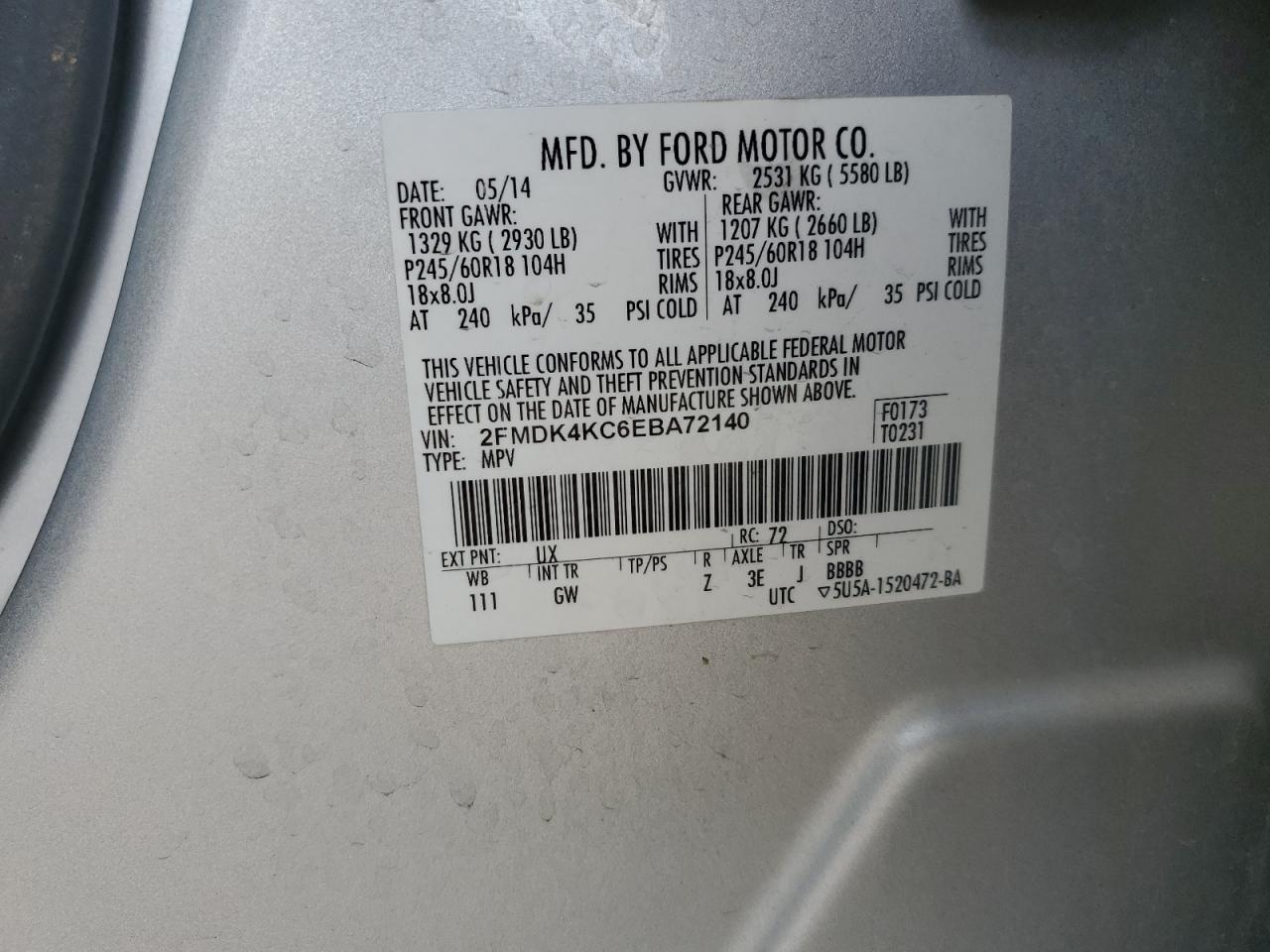 2014 Ford Edge Limited VIN: 2FMDK4KC6EBA72140 Lot: 92695055