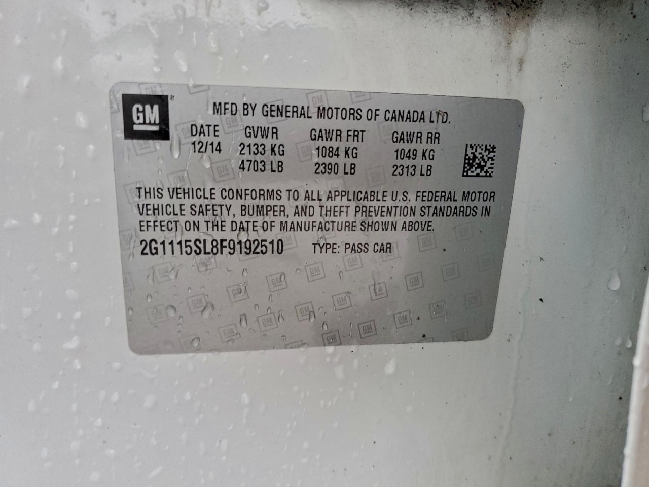 2015 Chevrolet Impala Lt VIN: 2G1115SL8F9192510 Lot: 94449095