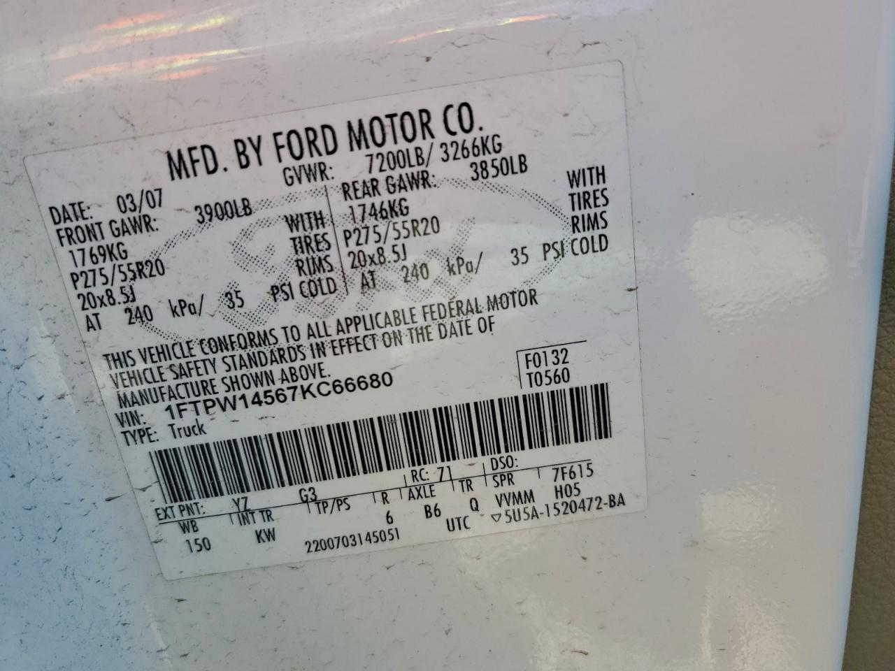 2007 Ford F150 Supercrew VIN: 1FTPW14567KC66680 Lot: 94372345