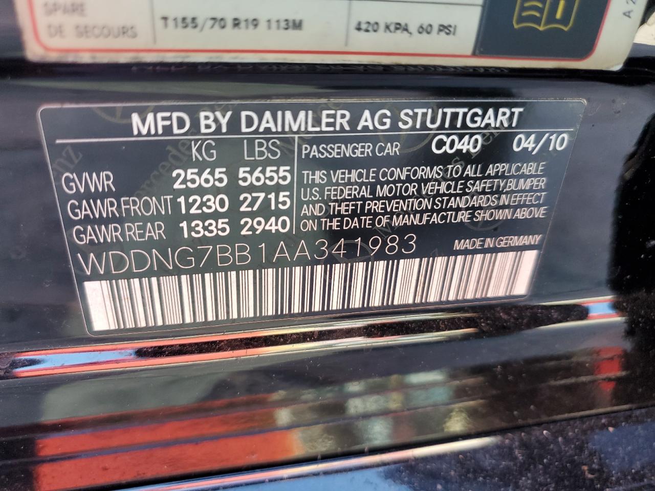 2010 Mercedes-Benz S 550 VIN: WDDNG7BB1AA341983 Lot: 92900125