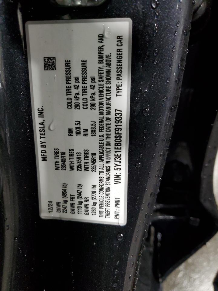 2025 Tesla Model 3 VIN: 5YJ3E1EB0SF919337 Lot: 91204055