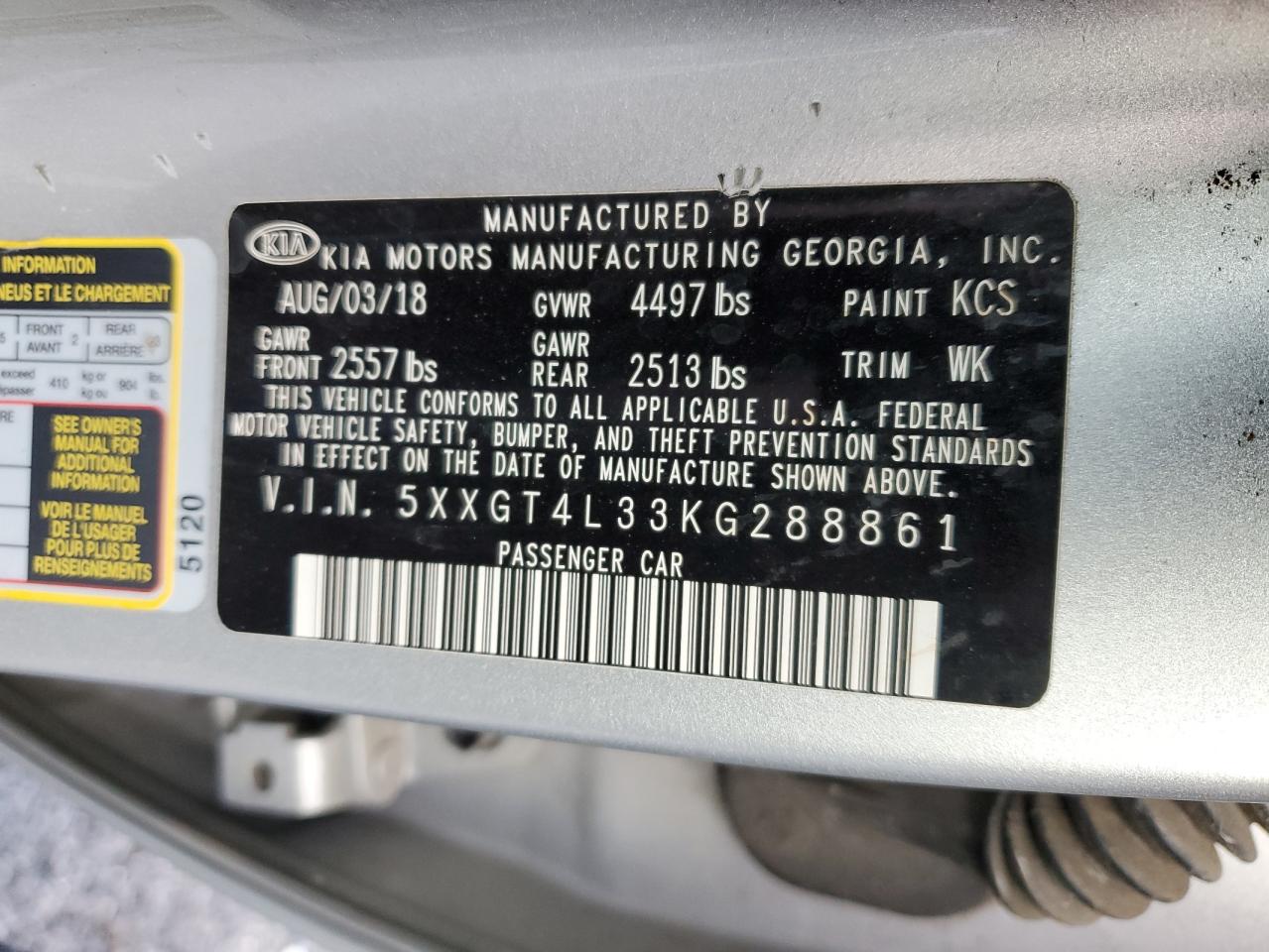 2019 Kia Optima Lx VIN: 5XXGT4L33KG288861 Lot: 93554945