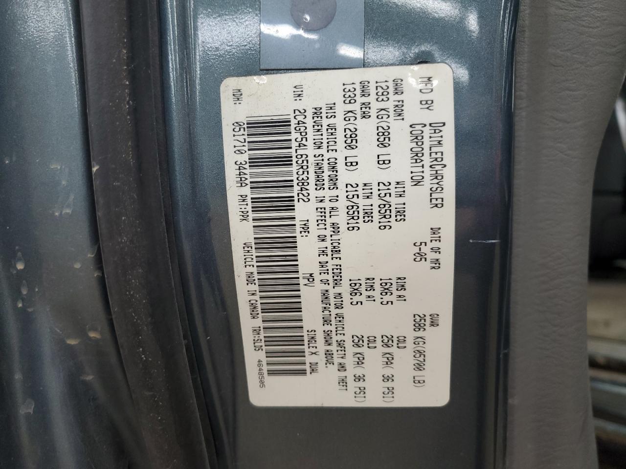 2005 Chrysler Town & Country Touring VIN: 2C4GP54L65R538422 Lot: 92318145