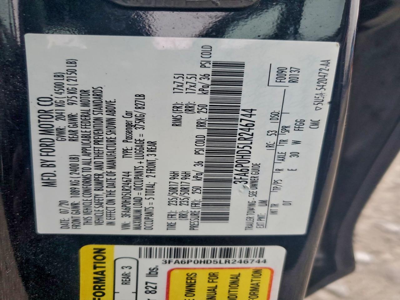 2020 Ford Fusion Se VIN: 3FA6P0HD5LR246744 Lot: 94117045