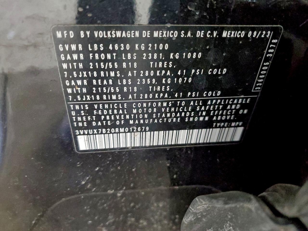 2024 Volkswagen Taos Se VIN: 3VVUX7B20RM012679 Lot: 94086895