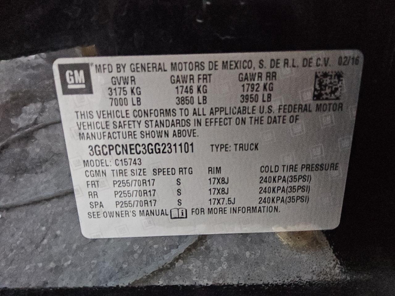 2016 Chevrolet Silverado C1500 VIN: 3GCPCNEC3GG231101 Lot: 94790735