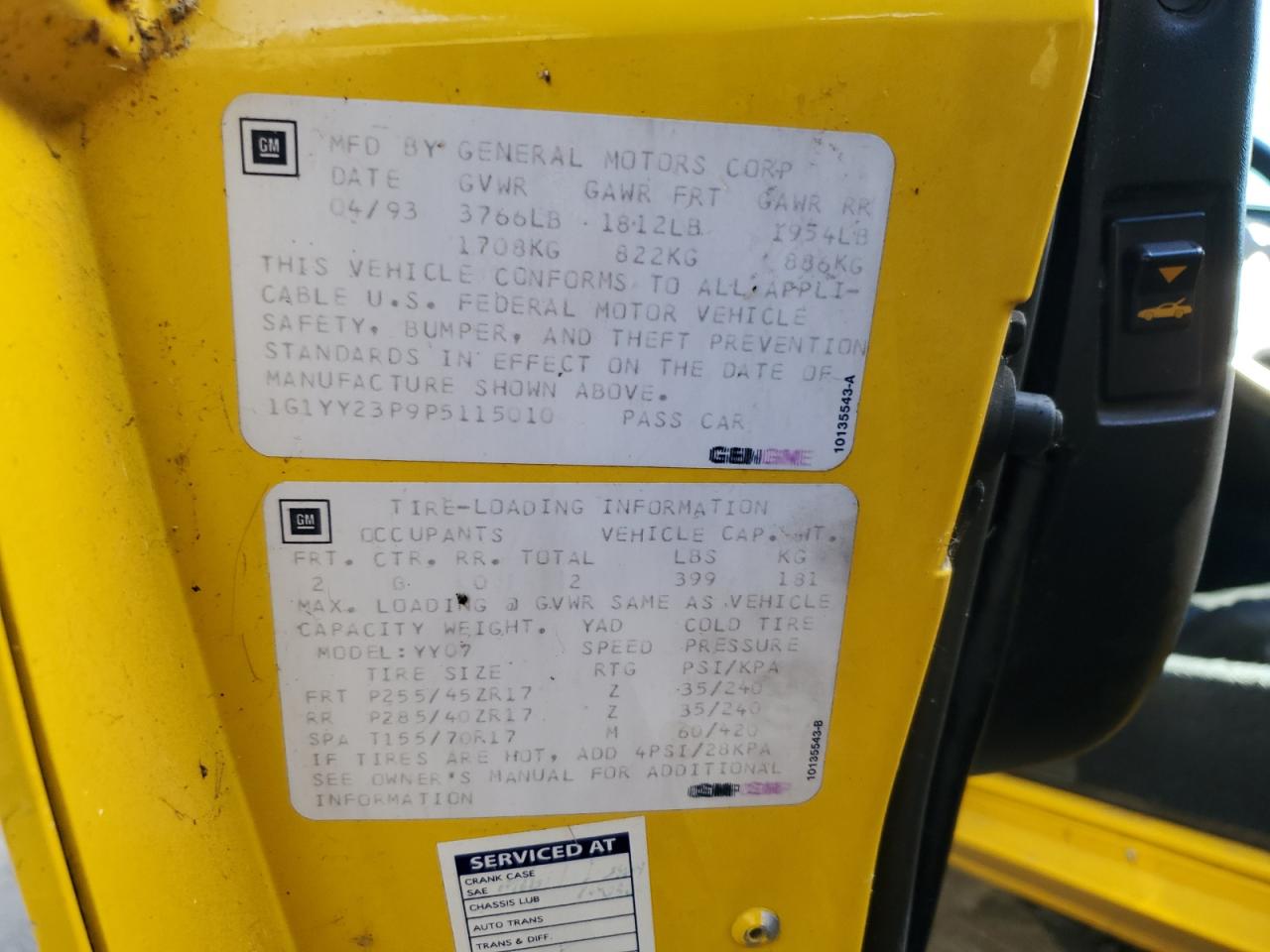 1993 Chevrolet Corvette VIN: 1G1YY23P9P5115010 Lot: 93034205