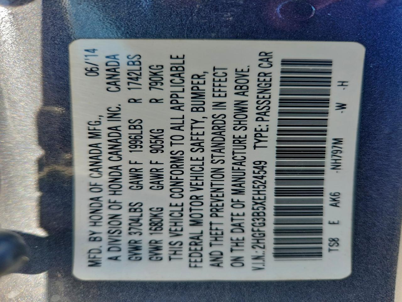 2014 Honda Civic Lx VIN: 2HGFG3B5XEH524549 Lot: 94300095