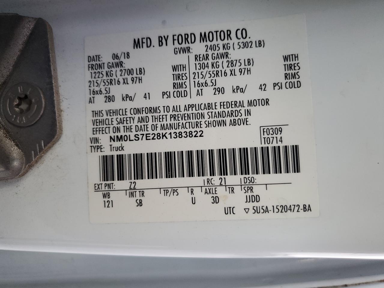 2019 Ford Transit Connect Delivery Van VIN: NM0LS7E28K1383822 Lot: 92915235