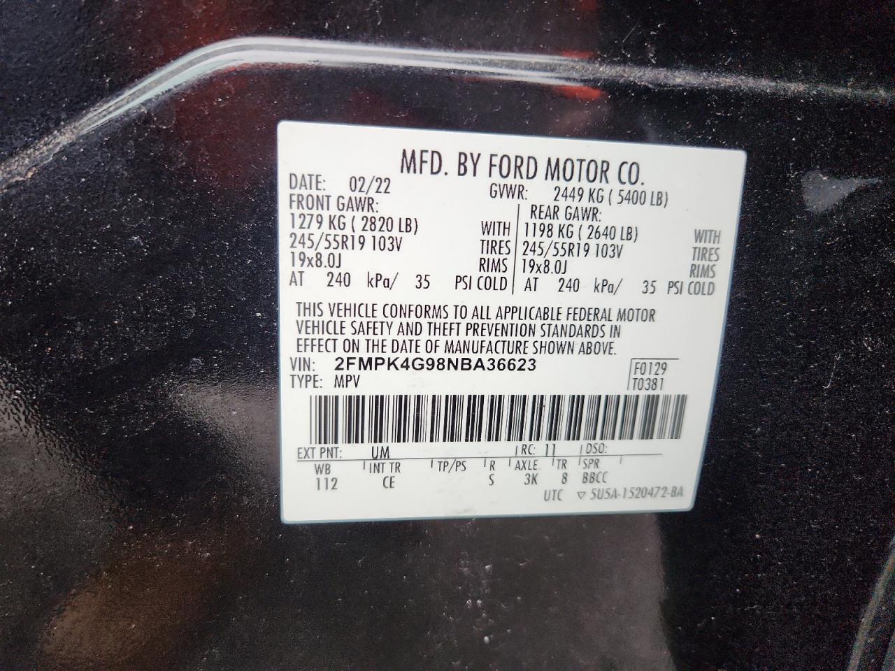 2022 Ford Edge Se VIN: 2FMPK4G98NBA36623 Lot: 90354055