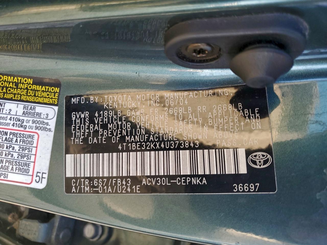 2004 Toyota Camry Le VIN: 4T1BE32KX4U373843 Lot: 94036595