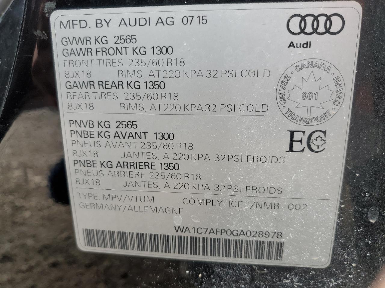 2016 Audi Q5 Progressiv VIN: WA1C7AFP0GA028978 Lot: 93474665