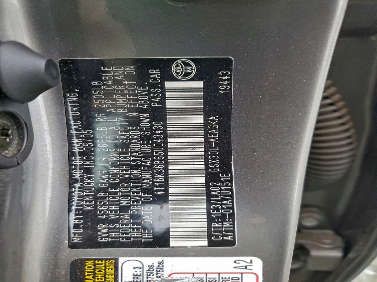 2005 Toyota Avalon Xl VIN: 4T1BK36B65U043430 Lot: 93508855