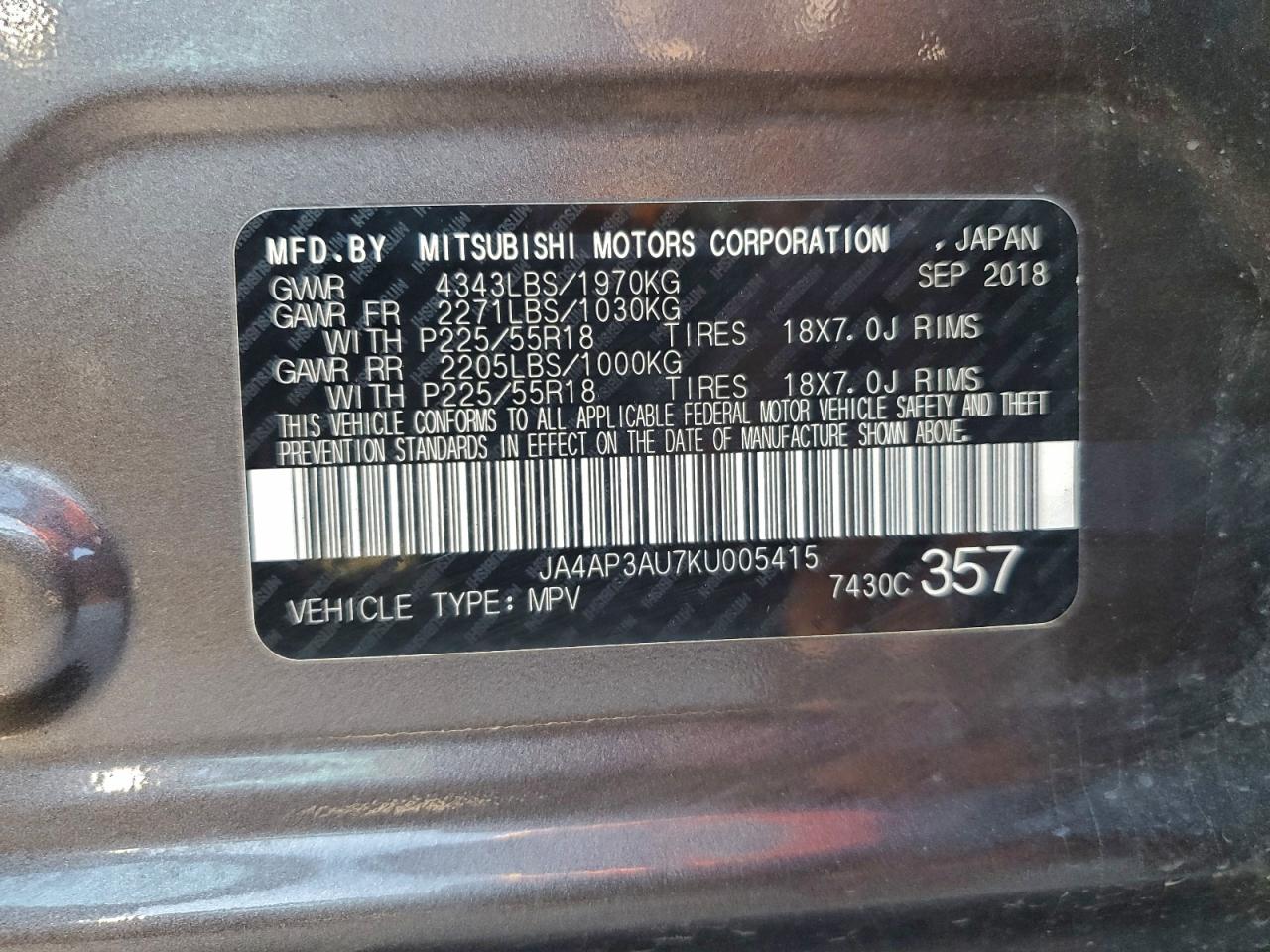 2019 Mitsubishi Outlander Sport Es VIN: JA4AP3AU7KU005415 Lot: 94261585