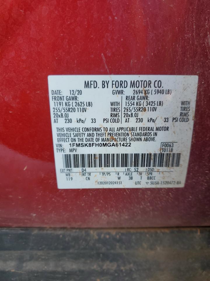 2021 Ford Explorer Limited VIN: 1FMSK8FH0MGA61422 Lot: 92273215