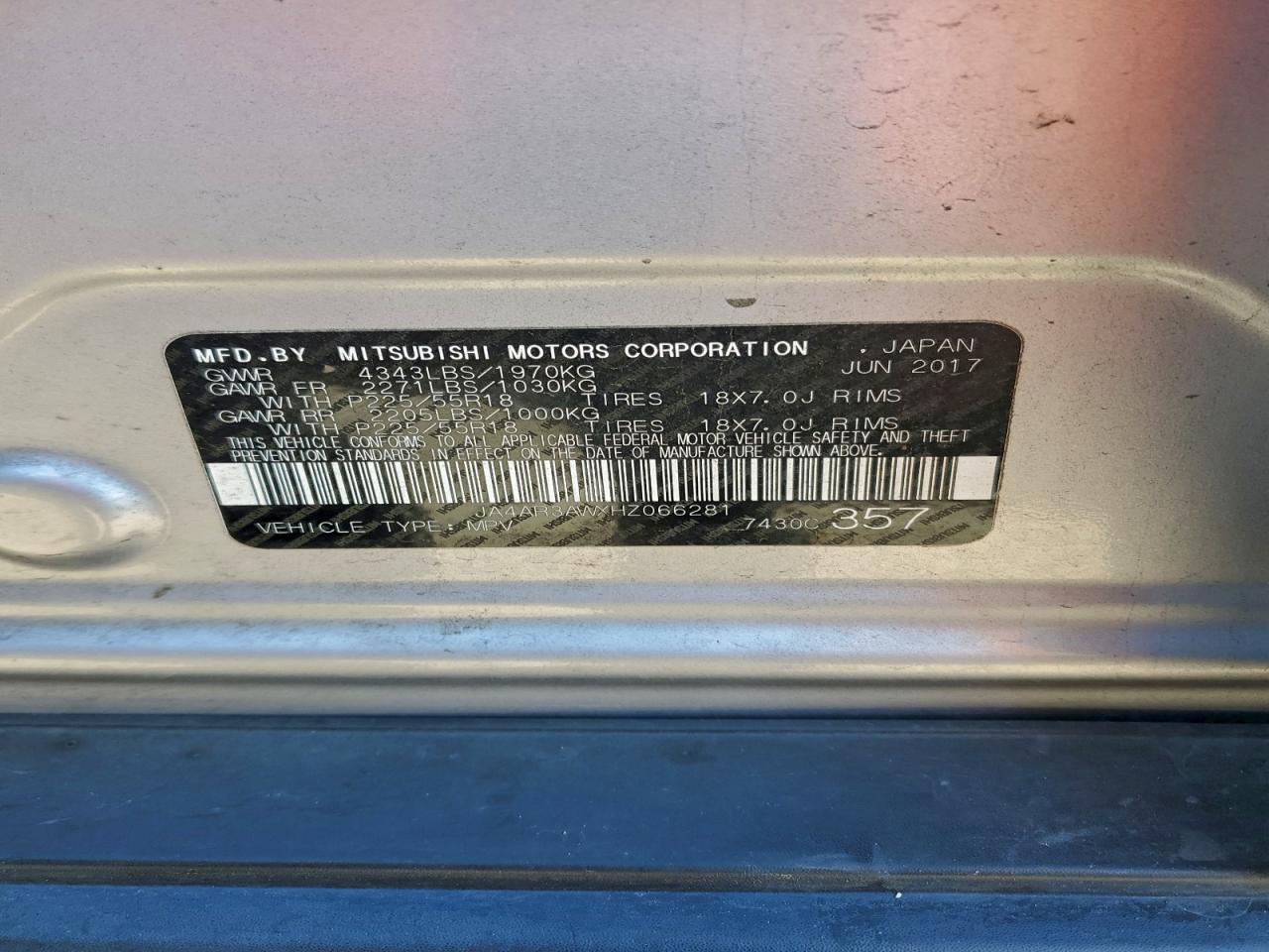 2017 Mitsubishi Outlander Sport Es VIN: JA4AR3AWXHZ066281 Lot: 93454055